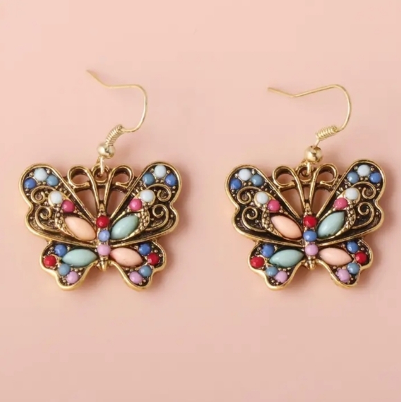 None Jewelry - NWT Vintage Gemstone Butterfly Dangle Earrings Handmade
